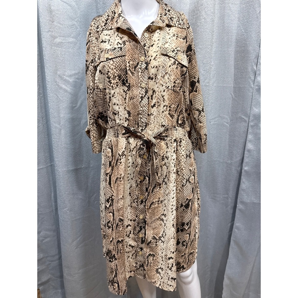 Millenium Snakeskin Print Button Front Shirt Dress Beige Tan‎ Black Large L